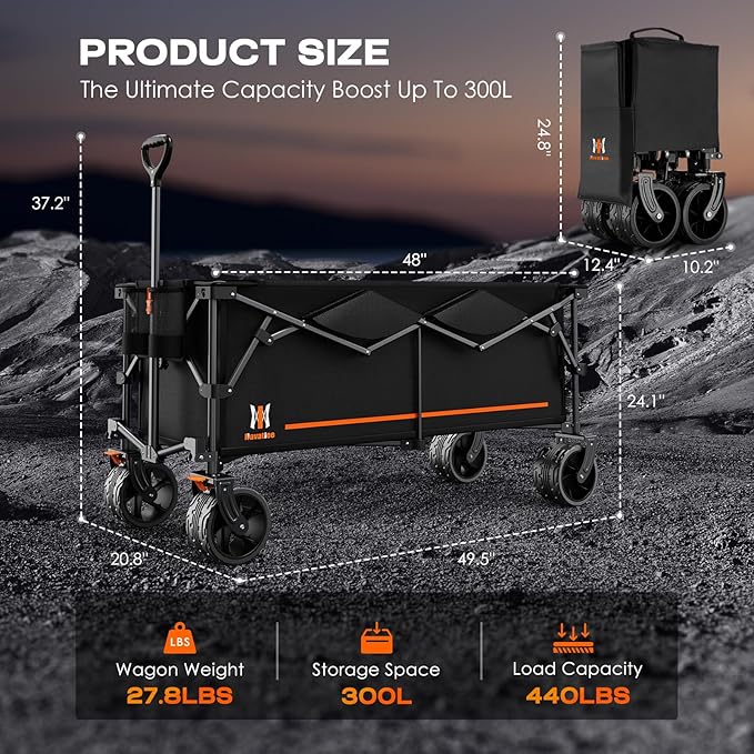 Navatiee 300L Collapsible Wagon Cart Foldable Extra Large, 48''L Folding Extended Beach Wagon with 440LBS Weight Capacity and Big All-Terrain Wheels, Heavy Duty Utility Garden Cart for Sports Outdoor