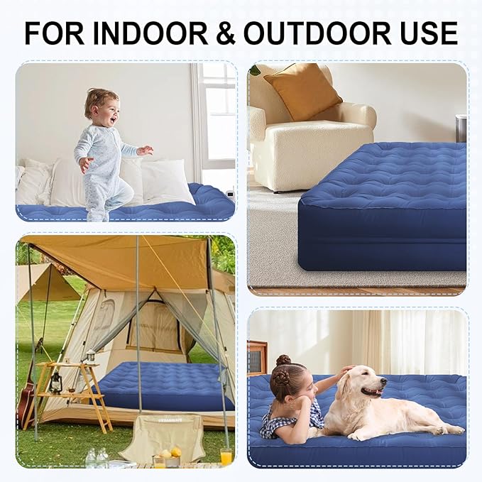 Air Mattress Queen with Built-in Pump - 3 Min Fast Inflation/Deflation Wireless Rechargeable Pump, Portable Camping Air Bed, Cooling Pongee Fabric Blow Up Mattress, (18" Indigo)