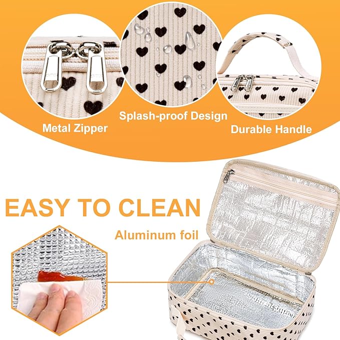 Kids Lunch Box Girls Corduroy Insulated Lunch Cooler Bag Reusable Lunch Tote Kit for School Travel(Heart)