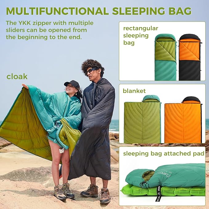 ATEPA Down Sleeping Bag, Recycled 650FP 4 Season Summer & Winter Compact Rectangle Lightweight Waterproof Wearable Sleeping Bag with Compression Sack for Camping Backpacking Hiking