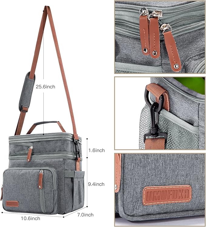 Men's and Women Double Compartment Lunch Bag, Insulated Lunch Cooler Tote 2 Roomy Large Reusable Water-resistant Lunch Box (Grey)