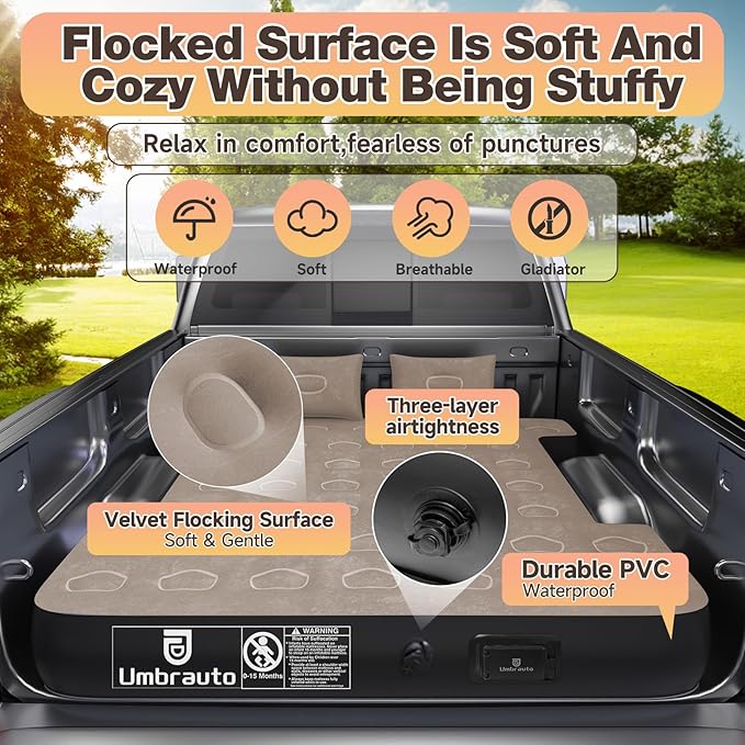 Umbrauto Built-in Pump Air Mattress for 5.5-5.8ft Full Size Short Truck Bed, Inflatable Camping Airbed with Rechargeable Cordless Pump for Truck Tent Camper
