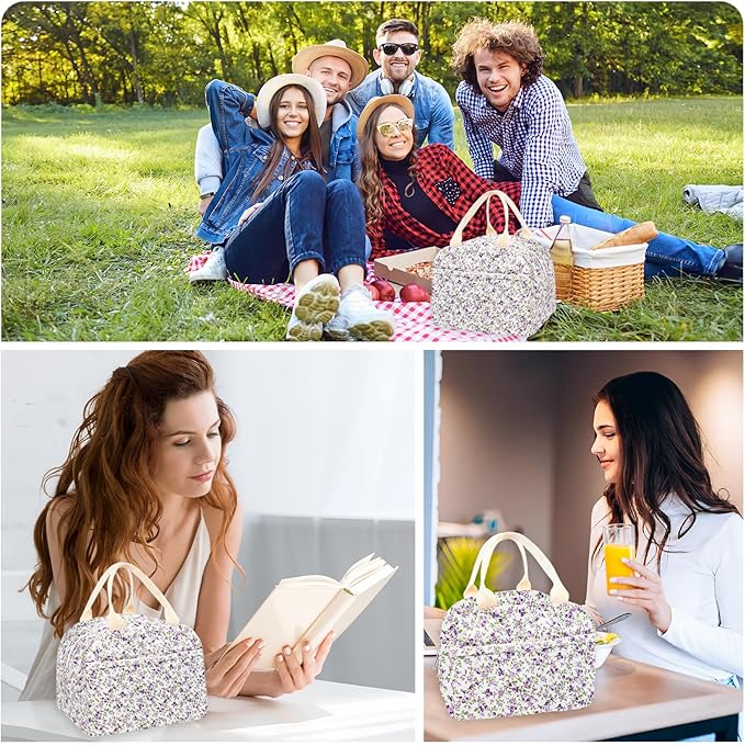 Cotton Quilted Insulated Lunch Bag, Cute Quilted Floral Lunch Tote Bags Reusable Insulated Lunch Box Coquette Aesthetic Large Capacity Insulated Cooler for Women Men Work Travel Picnic (Purple)
