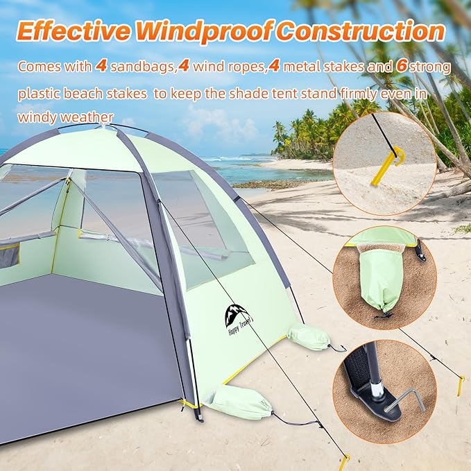 Happy Travel Beach Tent, UPF 50+ UV Protection Sun Shade Shelter for 3/4/5/6/7/8 Person, Portable Beach Canopy for Family & Baby, Lightweight & Easy Setup Beach Cabana with 3 Ventilation Mesh Windows