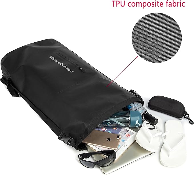 Mountain Land Waterproof Backpack Made of Composite TPU, Roll-Top Closure Dry Bag with Front-Zippered Pocket Cushioned Padded Back Panel Black 30L
