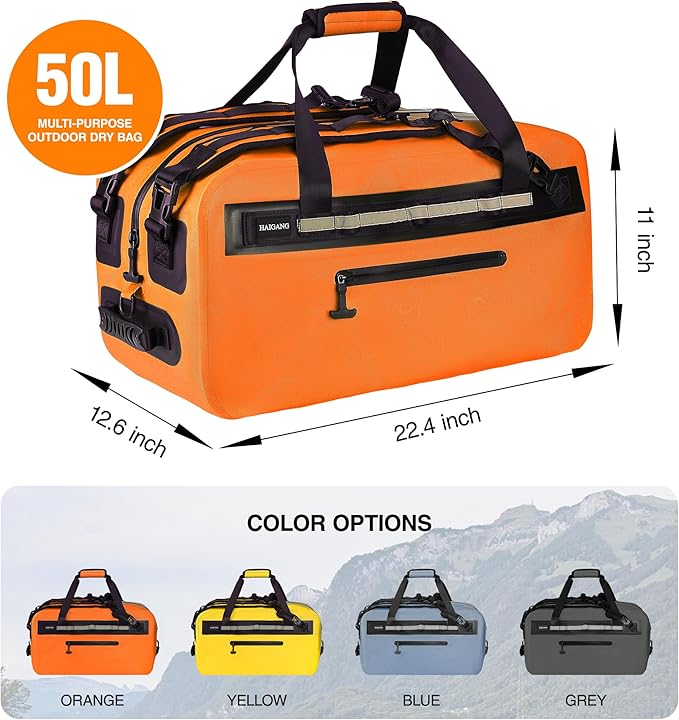 50L Waterproof Dry Duffle Bag Dry Backpack 840D TPU Heavy Duty Dry Bag,Rubber Airtight Zipper, for Kayaking,Boating,Motorcycling,Camping,Rafting,Surfing, Swimming,Fishing,Orange
