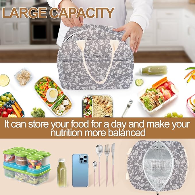 Cotton Quilted Insulated Lunch Bag, Cute Quilted Floral Lunch Tote Bags Reusable Insulated Lunch Box Coquette Aesthetic Large Capacity Insulated Cooler for Women Men Work Travel Picnic (Grey)