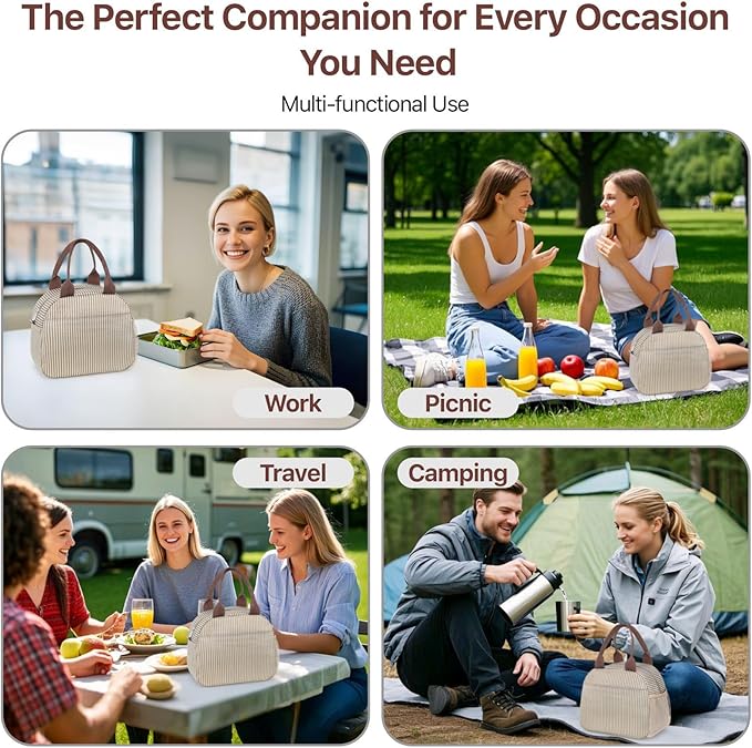 Bagseri Insulated Lunch Bag Women - Reusable Leakproof Thermal Cooler Sack Food Handbags Case High Capacity for Work and Picnic (Khaki White Stripe)