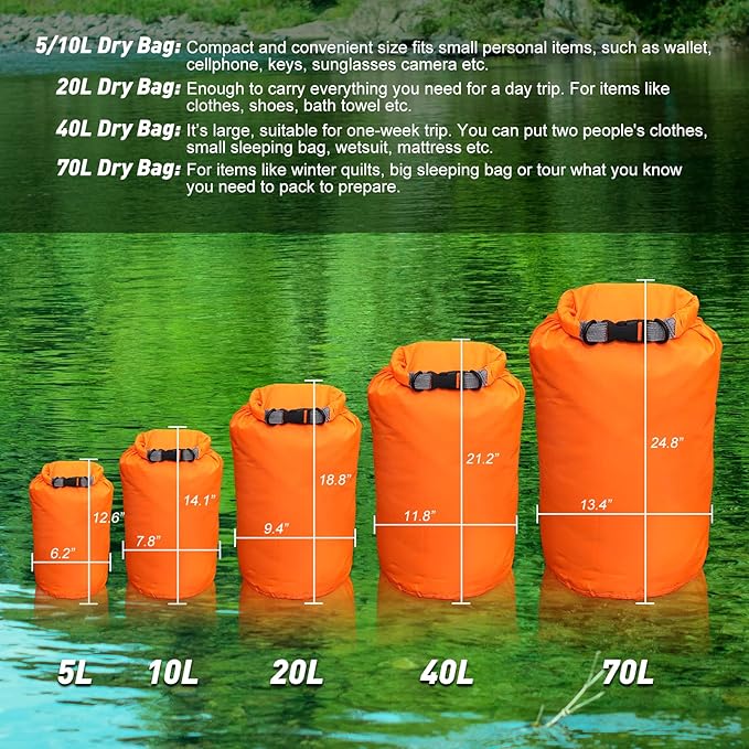 R2Depot Waterproof Dry Bag, 5L/10L/20L/40L/70L Dry Storage Bag for Kayaking, Gym, Hiking, Swimming (Blue, 40L)