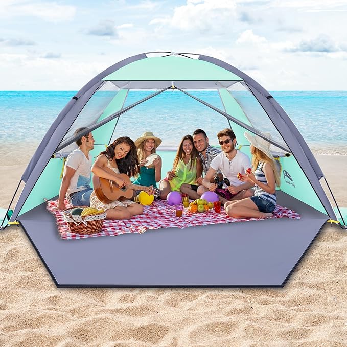 Happy Travel Beach Tent, UPF 50+ UV Protection Sun Shade Shelter for 3/4/5/6/7/8 Person, Portable Beach Canopy for Family & Baby, Lightweight & Easy Setup Beach Cabana with 3 Ventilation Mesh Windows