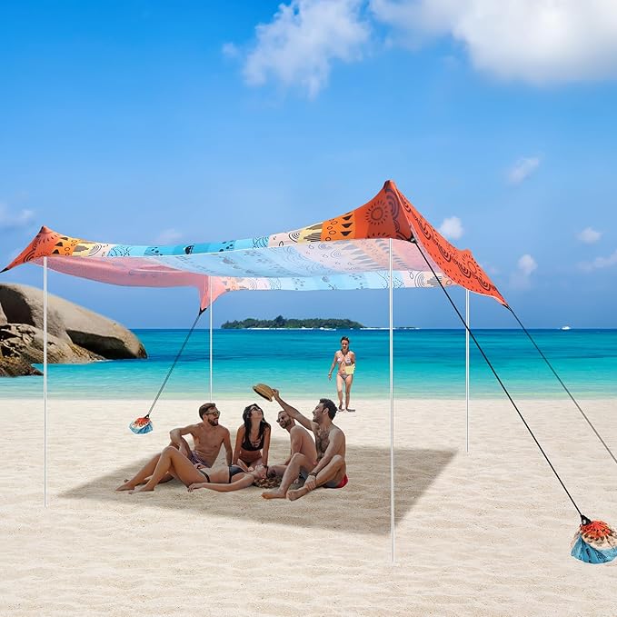 Beach Tent, Beach Canopy Sun Shade Sail UPF 50+, Portable 10×10 FT Camping Sun Shelter with Sandbags, Poles, Ground Pegs and Anti-Wind Ropes for Outdoor, Backyard, Picnics, Sport, Fishing
