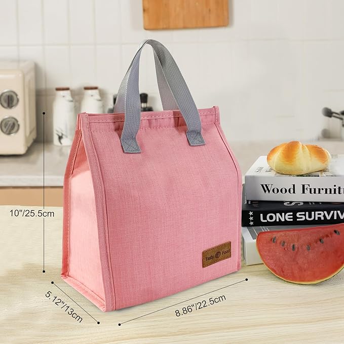 Mziart Minimalist Lunch Bag, Reusable Insulated Bag for Women Men Box Container Leakproof Simple Bento Tote Adults Cooler Work Office Picnic or Travel (Pink) M23HK-LB-005-JJ