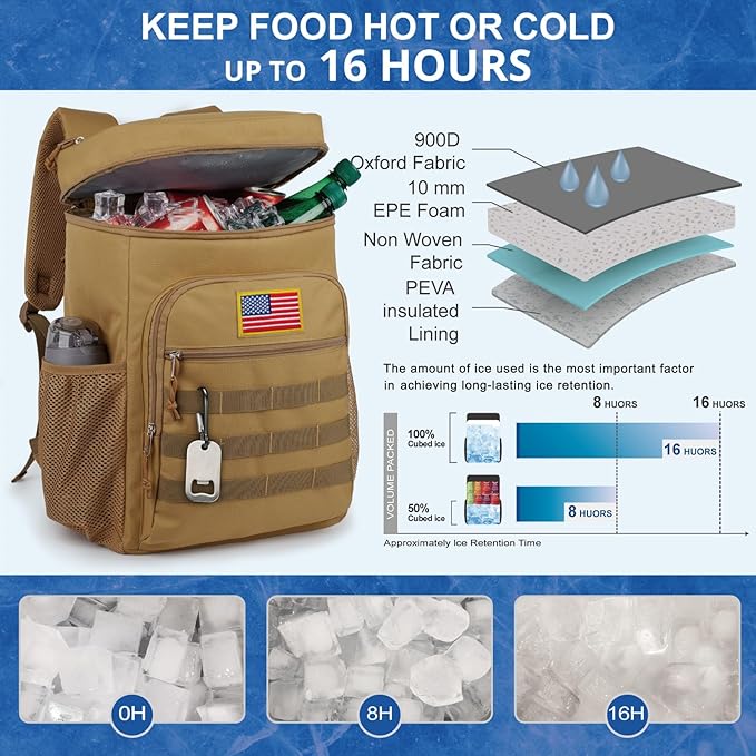 Tactical Backpack Cooler for Men, 25L Large Insulated Backpack Leak-Proof, Heavy Duty Lunch Backpack, Waterproof Ice Chest Bag Women Adults Work Daytrip Camping Beach Hiking