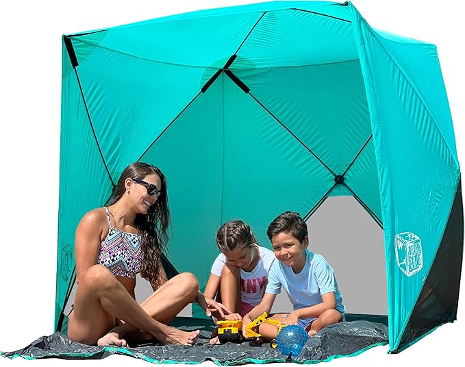 Beach Cube Pop Up Beach Tent Portable Shade Sun Shelter UPF50+ UV Protection for 4 Person Expandable Floor for Beach Fishing Hiking Camping – Aqua Color