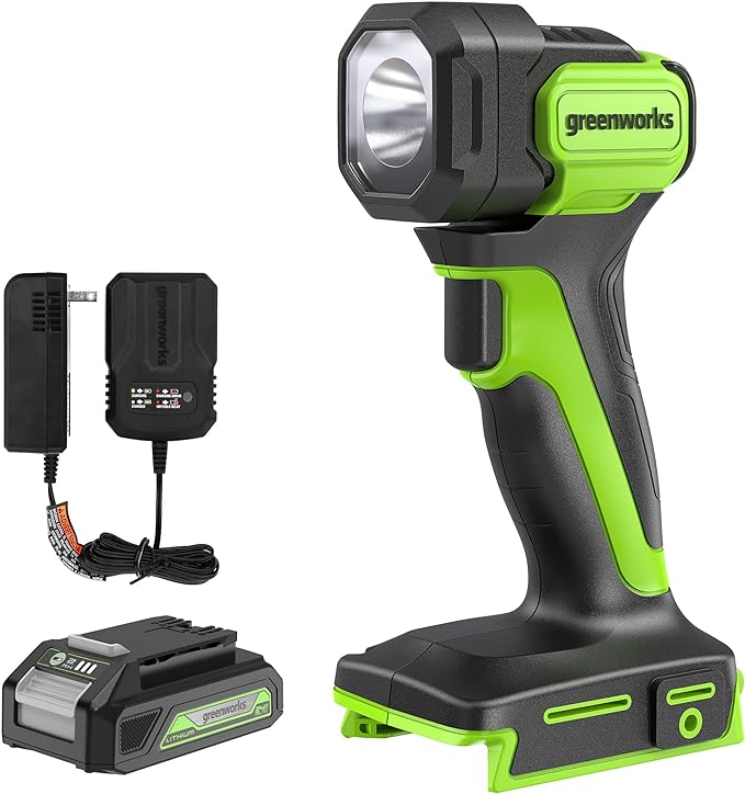 Greenworks 24V Cordless LED Flashlight Kit, 200lm Handheld Light, 2Ah Battery and Charger Included