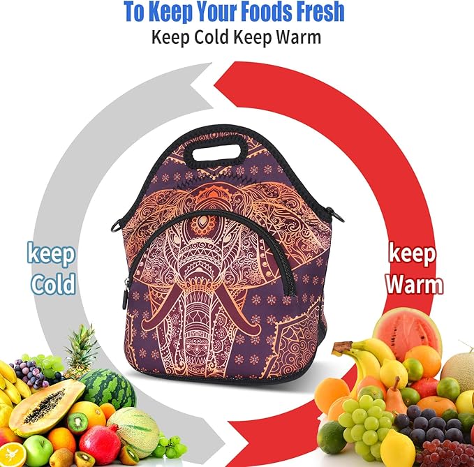 Violet Mist Neoprene Thermal Insulated Lunch Bag Cute Animal Lunch Bag Tote with Extra Pocket Detachable Adjustable Shoulder Lunchbox Food Handbags Picnic Work Gifts for Women men, Retro Elephant 2