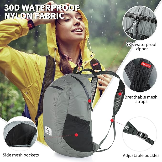 Naturehike 18L Lightweight Hiking Backpack, Waterproof Camping Packable Backpack Ultralight for Travel, Airplane, Small Hiking Daypack for Adults, Grey