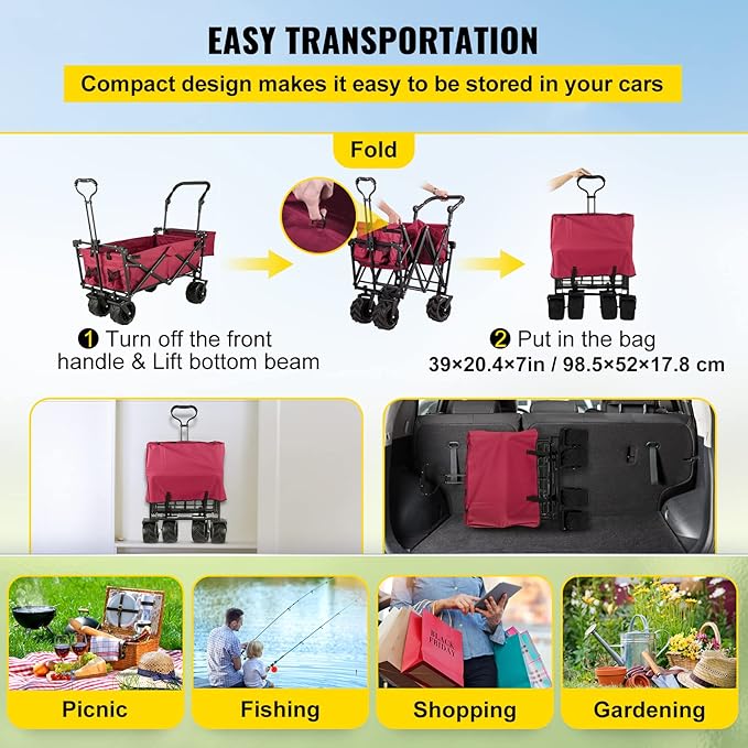 Happbuy Collapsible Wagon with Removable Canopy, 220lbs Heavy Duty Foldable Beach Wagon with Big Wheels