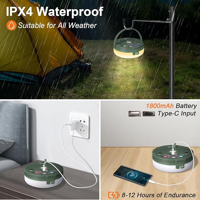 HELESIN Outdoor Waterproof Portable Stowable String Light, 3 in 1 Camping String Lights Outdoor with 8 Lighting Modes, USB Rechargeable Tent Lights for Camping, Hiking, Yard, RV (Warm Light)