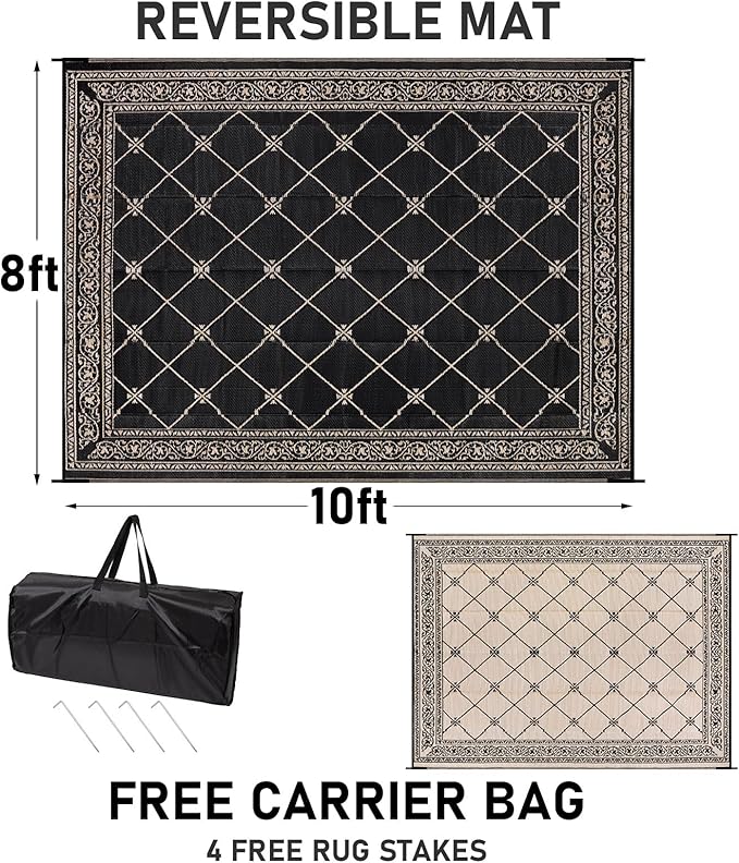 Outdoor Rug 8'x10' for Patios Waterproof Patio Rugs Outdoor Mats for Front Porch,Beach Mat,Reversible Plastic Straw Camping Rugs for Outside RV,Deck,Balcony,Backyard，Black&Beige