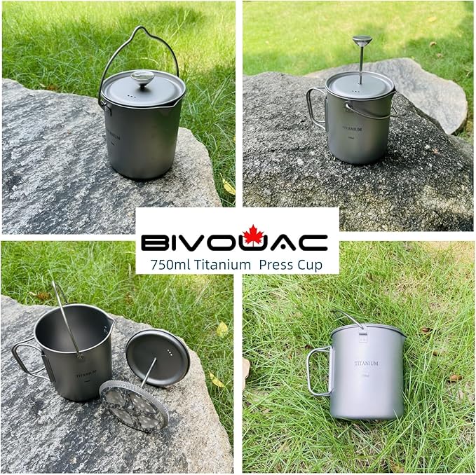 BIVOUAC 750ml Titanium Cup Camping Press Coffee Pot Outdoor French Press Pot Camping Cup 750ml Titanium Coffee Cup