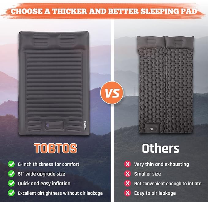 TOBTOS Double Sleeping Pad for Camping, Extra Thick 6" Camping Mattress 2 Person with Pillow Built-in Foot Pump, Inflatable Sleeping Mat for Camp, Backpacking, Hiking, Traveling