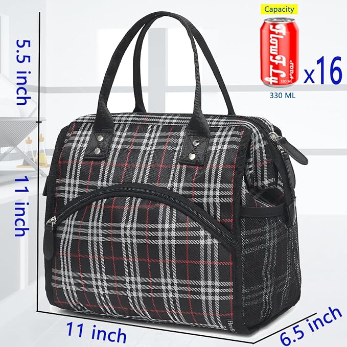 FlowFly Insulated Lunch Bag for Women, Men, Large and Reusable, Handle, Work and Travel Tote and Meal Prep Organizer, Black and white checkerboard