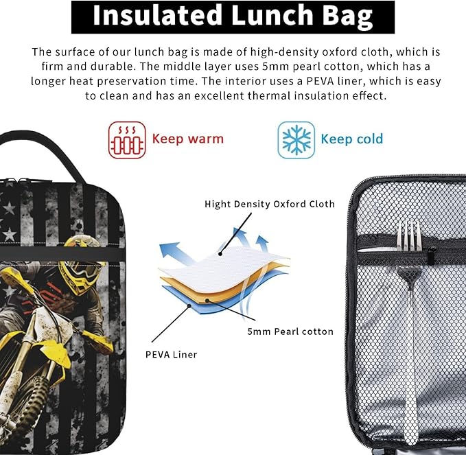 American Flag Motorcycle Lunch Bag Insulated Reusable Lunch Box Thermal Cooler Tote For Men Women Work Travel Picnic Hiking