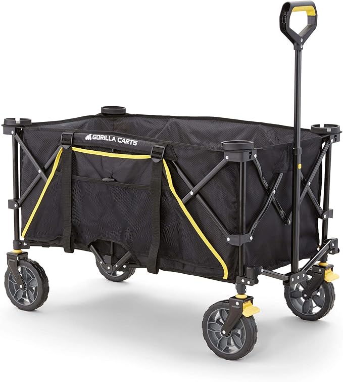 Gorilla Carts Collapsible Folding Utility Wagon Cart w/Oversized Bed, 7 Cu Ft, Black - 150 lb Capacity Outdoor Wheelbarrow w/Zipper Pockets & Built-in Cup Holders for Beach, Camping & Picnic