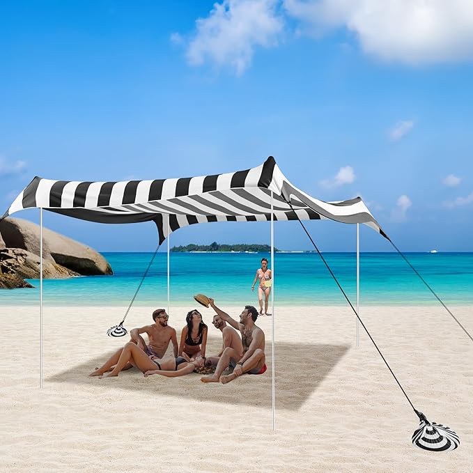 Beach Tent, Beach Canopy Sun Shade UPF 50+, Portable 10×10 FT Camping Sun Shelter with Sandbags, Poles, Ground Pegs and Anti-Wind Ropes for Outdoor, Backyard, Picnics, Fishing-Black Stripe