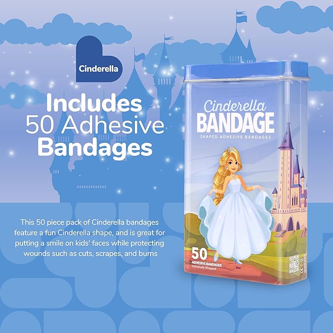 BioSwiss Bandages, Princess Cinderella Shaped Self Adhesive Bandage, Latex Free Sterile Wound Care, Fun First Aid Kit Supplies for Kids and Adults, 50 Count