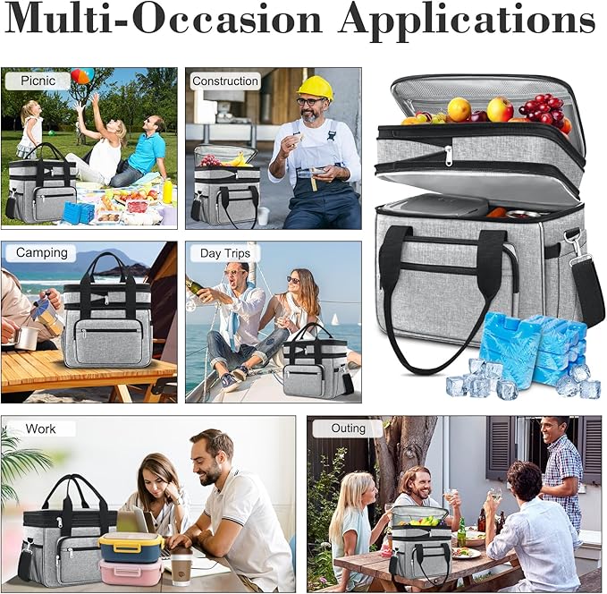 23L Extra Large Expandable Insulated Cooler Lunch Box for Men Double Deck Leakproof Heavy Duty Lunch Bag with 4 Ice Packs&2 Snack Bags for Adult/Construction/Women/Work/Picnic/Camping - Grey