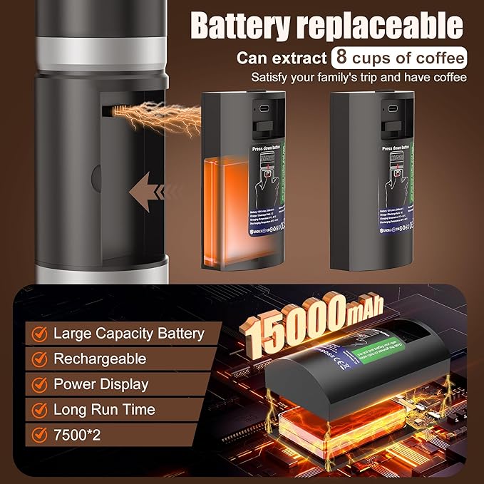 Portable Coffee Machine with 2 Removable rechargeable Batteries 15,000mAh, Electric Coffee Maker for Camping & Travel, 80ml Hot/Cold Coffee, 20bar, USB-C Espresso Machine, Camping Coffee Makers Black