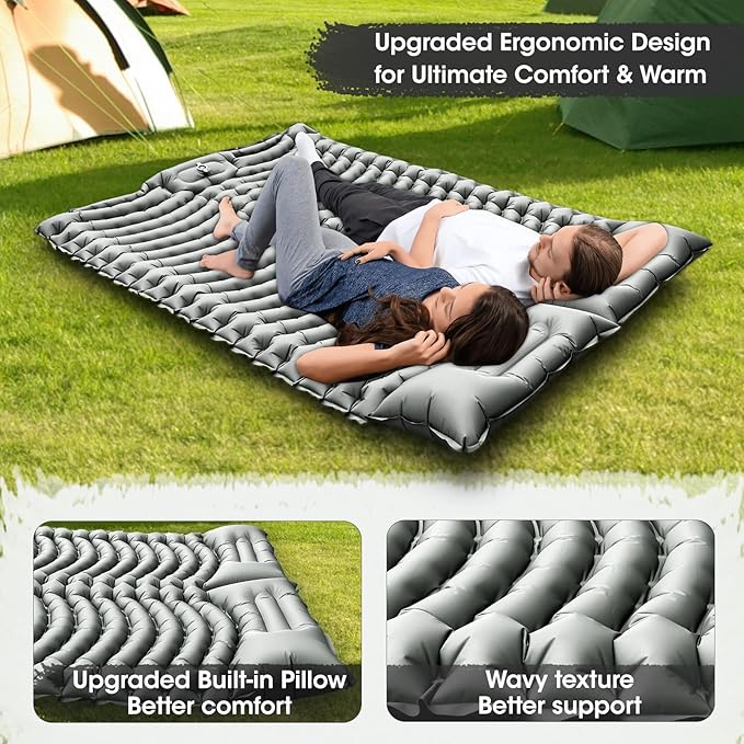 Double Sleeping Pad Self-Inflating 4" Thick for 2 Person Camping - Built-in Foot Pump, Ergonomic Pillow & Ultra-Portable Design for Backpacking, Hiking, Tent Use