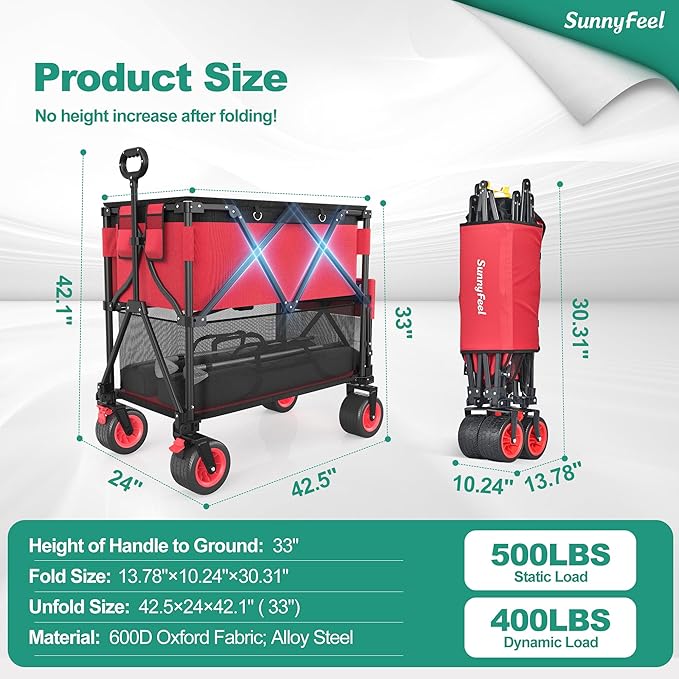 SunnyFeel Heavy Duty Collapsible Outdoor Utility Wagon Cart 500LB Capacity Adjustable Handlebar,Foldable Beach Wheels Stable Durable Oxford Fabric for Shopping Garden Camping (Red, Double Deck)