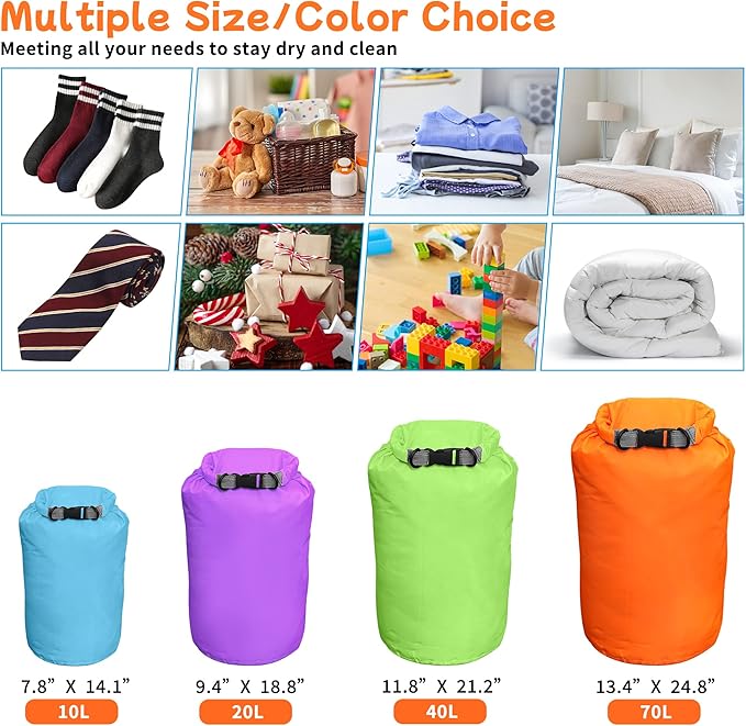 Desoto Waterproof Dry Bag 2 packs, 2L/5L/10L/20L/40L/70L Dry Sack Lightweight Portable, Dry Storage Bag to Keep Gear Dry Clean for Kayaking, Gym, Hiking, Swimming, Camping (Green, 70L)