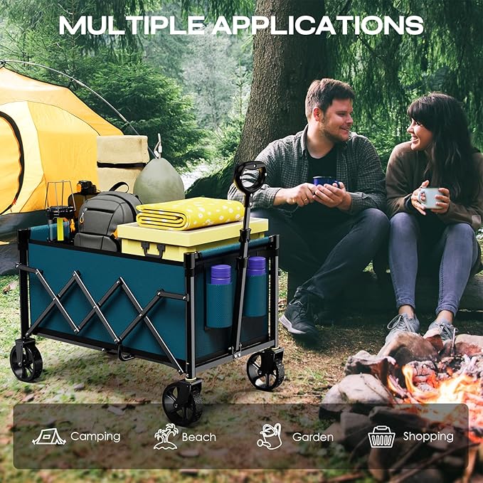 Collapsible Wagon Cart Foldable with 220lbs Weight Capacity, Lightweight Portable Folding Grocery Shopping Cart with Wheels for Camping Sports Beach and Shopping, Blue