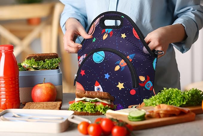 Violet Mist Neoprene Lunch Bag Insulated Lunch Bag Tote Cute Large Thermal Lunchbags with Pocket Detachable Adjustable Shoulder Strap Lunchbox Food Handbags Gift for Women Men Adult, Space Planet