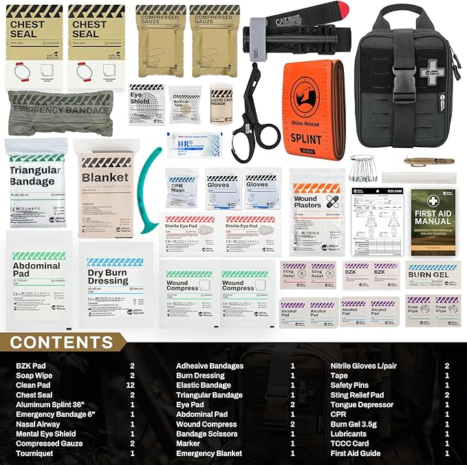 RHINO RESCUE IFAK Trauma Kit with C-A-T Tourniquet, Tactical First Aid Kit Molle Pouch for Military, Combat, Car, Camping, Hiking, Travel， FSA HSA Eligible (Black)