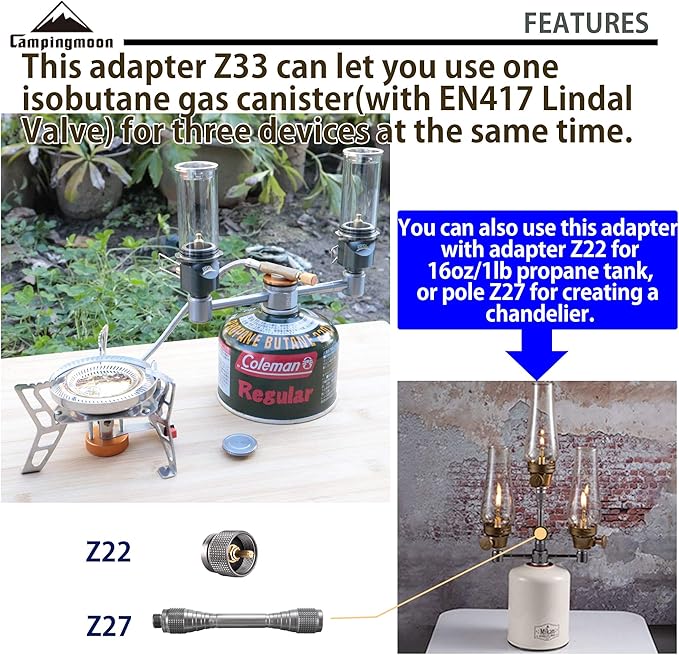 CAMPINGMOON 3 Outlet Adapter for EN417 Lindal Valve Canister Device Camping Lantern Z33