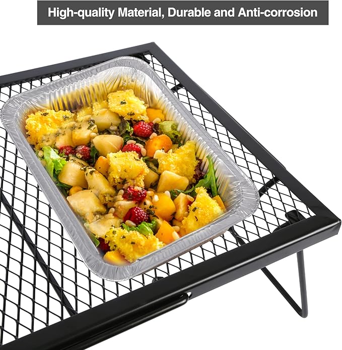 Folding Campfire Grill Grate, Portable Heavy Duty Steel Over Fire Camp Grill for Outdoor Camping Cooking Fire Pit, Black with 2 Heights