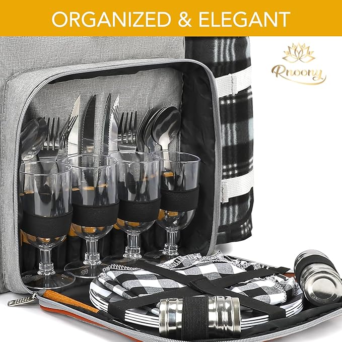 Rnoony Picnic Backpack for Camping, Picnic Basket for with Insulated Cooler Bag and Bottle Pouch,Camping Gifts for Couples with Lightweight Blanket and Cutlery Set for Family, Couple and Hiking