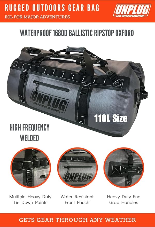 UNPLUG Ultimate Adventure Bag | 1680D Heavy Duty Waterproof Bag | Large Travel Duffle Bag which can be Used for Camping, Motorcycling, Boating, or Hunting