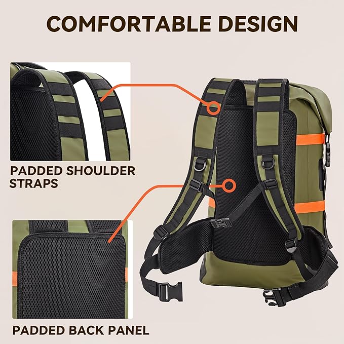 HEETA Waterproof Dry Bags Backpack 40L for Men & Women, Roll Top Heavy Duty Cushioned Hiking Backpack for Kayaking Boating Paddle Boarding Fishing Travel Camping Beach Vacation Cruise Ship Essentials