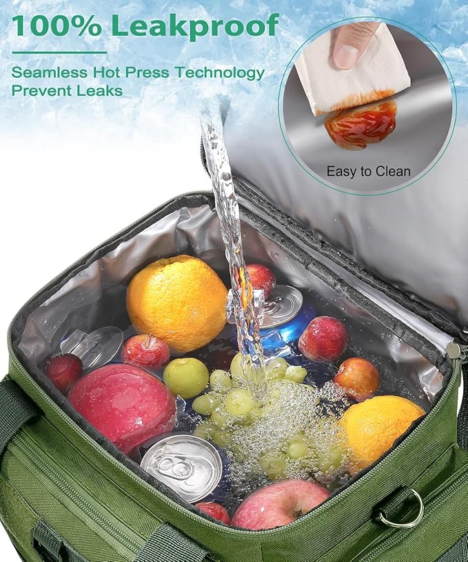 Tactical Lunch Box for Men, Large Insulated Bag Adult, Heavy Duty Double Deck Expandable Cooler Leakproof Waterproof Tote Work Office Camping Travel - Green, LB-KH0606