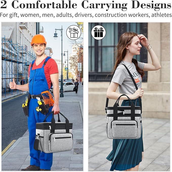 23L Extra Large Expandable Insulated Cooler Lunch Box for Men Double Deck Leakproof Heavy Duty Lunch Bag with 4 Ice Packs&2 Snack Bags for Adult/Construction/Women/Work/Picnic/Camping - Grey