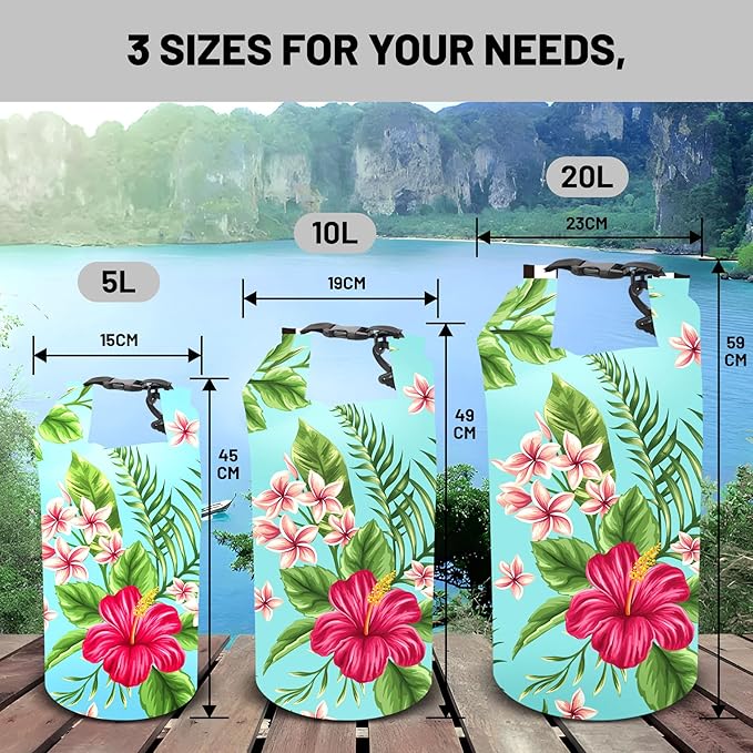 Waterproof Dry Bag,Roll Top Tropical Summer Watercolor Hibiscus Small Waterproof Backpack 5L/10L/20L Floating Lightweight Bags for Kayaking, Boating, Swimming Camping with Waterproof Phone Case