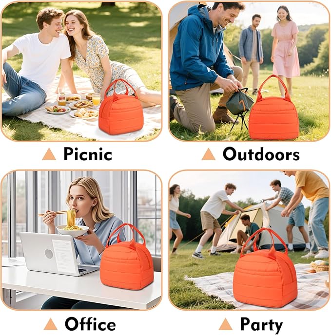 Lunch Bag Lunch Box for Women Men Adult Insulated Cute Small Quilted Puffer Lunchbox Reusable Thermal Lunch Cooler Tote Bag for Work, Picnic or Travel-Orange