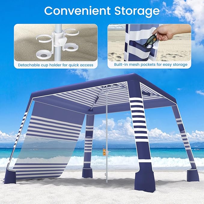 MoKo Beach Cabana, 8'×8' Large Beach Canopy with Side Wall, UPF 50+ Protection Easy Setup Beach Tent Sun Shelter, Adjustable Height Wind Resistant Cabana Beach Tent for Whole Family, Navy Stripes