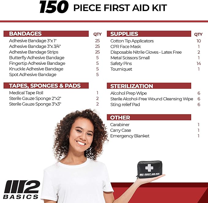 M2 BASICS All-Purpose 150 Piece First Aid Kit | Car, Travel, Home, Hiking, Camping, Survival | Small Emergency Kit, Medical Kit